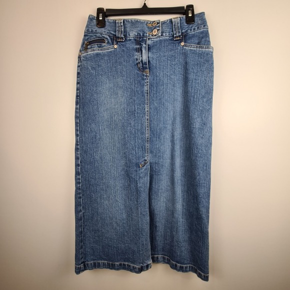 Faded Glory Dresses & Skirts - Vintage Y2K Faded Glory Denim Midi Skirt Women's Size 4 Slit Adjustable Snap Zip